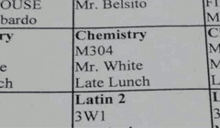 a close up of a list of classes including chemistry , late lunch , latin 2 , and 3w1 .