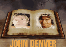 an open book with the name john denver on the bottom