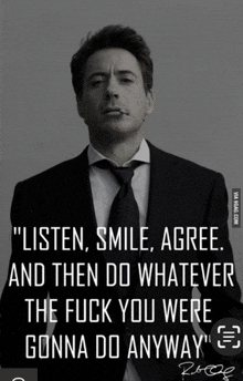 a man in a suit and tie is smoking a cigarette and has a quote on the bottom