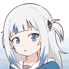 a drawing of a girl with white hair and blue eyes looking at something