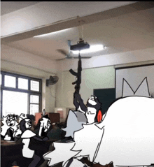 a group of cartoon characters are in a classroom with a gun hanging from the ceiling above them