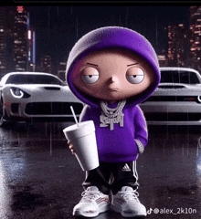 a cartoon character is wearing a purple hoodie and holding a cup with a straw