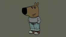 a cartoon drawing of a bear wearing a grey sweater and jeans