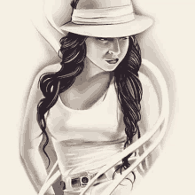 a black and white drawing of a woman wearing a white hat .