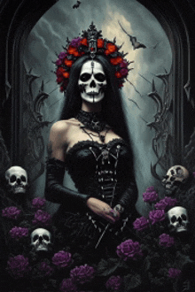 a woman with a skull painted on her face surrounded by skulls and roses