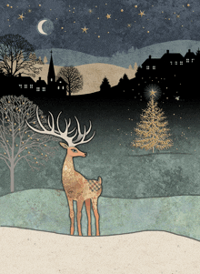 a deer is standing in front of a christmas tree and a village