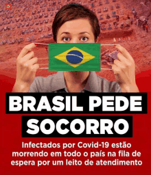 a poster with a woman holding a mask with the brazilian flag on it