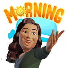 a cartoon of a woman waving with the word morning behind her