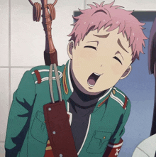 a boy with pink hair is wearing a green uniform