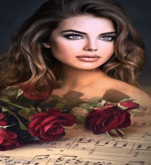 a painting of a beautiful woman with red roses and music notes