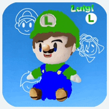 a stuffed luigi l with a green hat and blue overalls