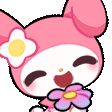 a close up of a pink cartoon character with a flower in her mouth .