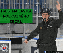 a man in a black uniform stands in front of a sign that says policia slovenskej republiky