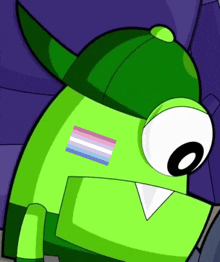 a green cartoon character has a transgender flag on his face