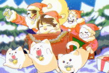 a cartoon drawing of a group of animals dressed as santa claus