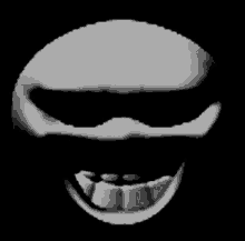 a black and white image of a skull with a mustache and teeth on a black background .