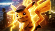 a pikachu wearing a detective hat is surrounded by lightning strikes