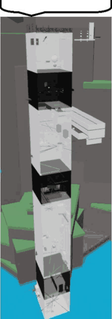 a computer generated image of a very tall building with lots of boxes