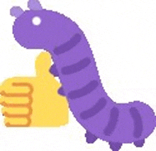 a purple caterpillar is giving a thumbs up and a yellow hand is holding it .