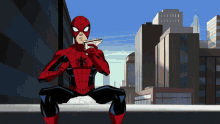 a cartoon of spider-man sitting on a ledge looking at a book