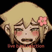 a pixel art of a girl with a flower in her hair and the words " live basil reaction "