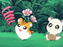 a cartoon hamster is holding a pink ribbon while another hamster looks on