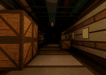 a dark hallway with brick walls and wooden crates