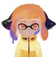 a drawing of a girl with orange hair wearing glasses and a yellow jacket