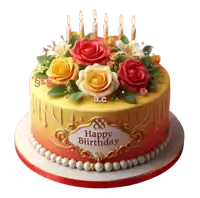 a yellow and red birthday cake with candles and flowers