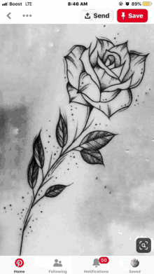 a black and white drawing of a rose with leaves on a stem