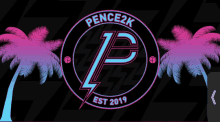 a logo for pence2k with two palm trees and a lightning bolt