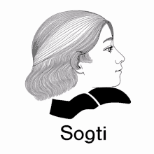 a black and white drawing of a woman 's head with the word sogti written below it