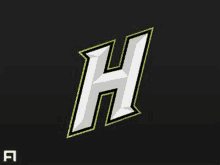 a white letter h on a black background with a yellow outline .