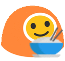 a smiley face is holding chopsticks and a bowl of food .