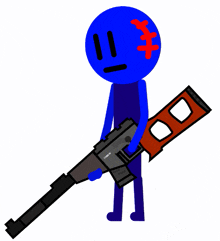 a blue stick figure with a red cross on his head holding a gun