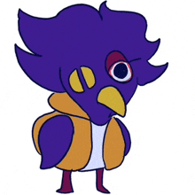 a cartoon drawing of a purple bird with a yellow beak and red eyes