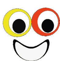 a smiling face with yellow and red eyes and a black mouth