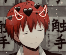 a boy with red hair has hearts on his head