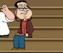 a cartoon character is sitting on a set of stairs and talking to another man .