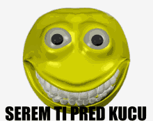 a yellow smiley face with the words serem ti pred kucu written below it