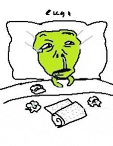 a cartoon of a green face laying in bed with a roll of toilet paper