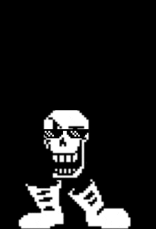 a pixel art of a skeleton wearing sunglasses and a black shirt .