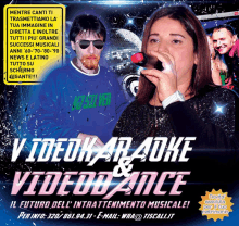 an advertisement for video karaoke and video dance shows a man and a woman