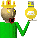 a pixel art of a man wearing a crown holding a yellow discord icon .