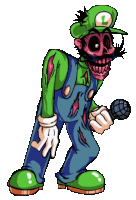 a cartoon drawing of a zombie luigi holding a microphone