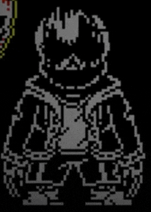 a black and white pixel art of a person with a mask on .