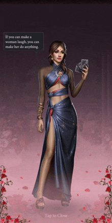 a woman in a blue dress is holding a tarot card and a tap to close button