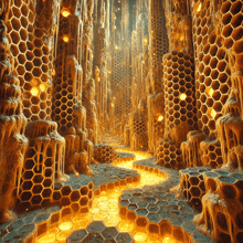 a maze of honeycombs with a stream of honey flowing through them