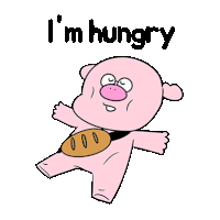 a cartoon pig is holding a loaf of bread in his belly and says `` i 'm hungry '' .