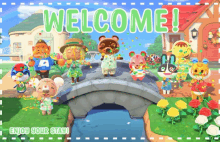 a welcome sign for animal crossing with a group of characters